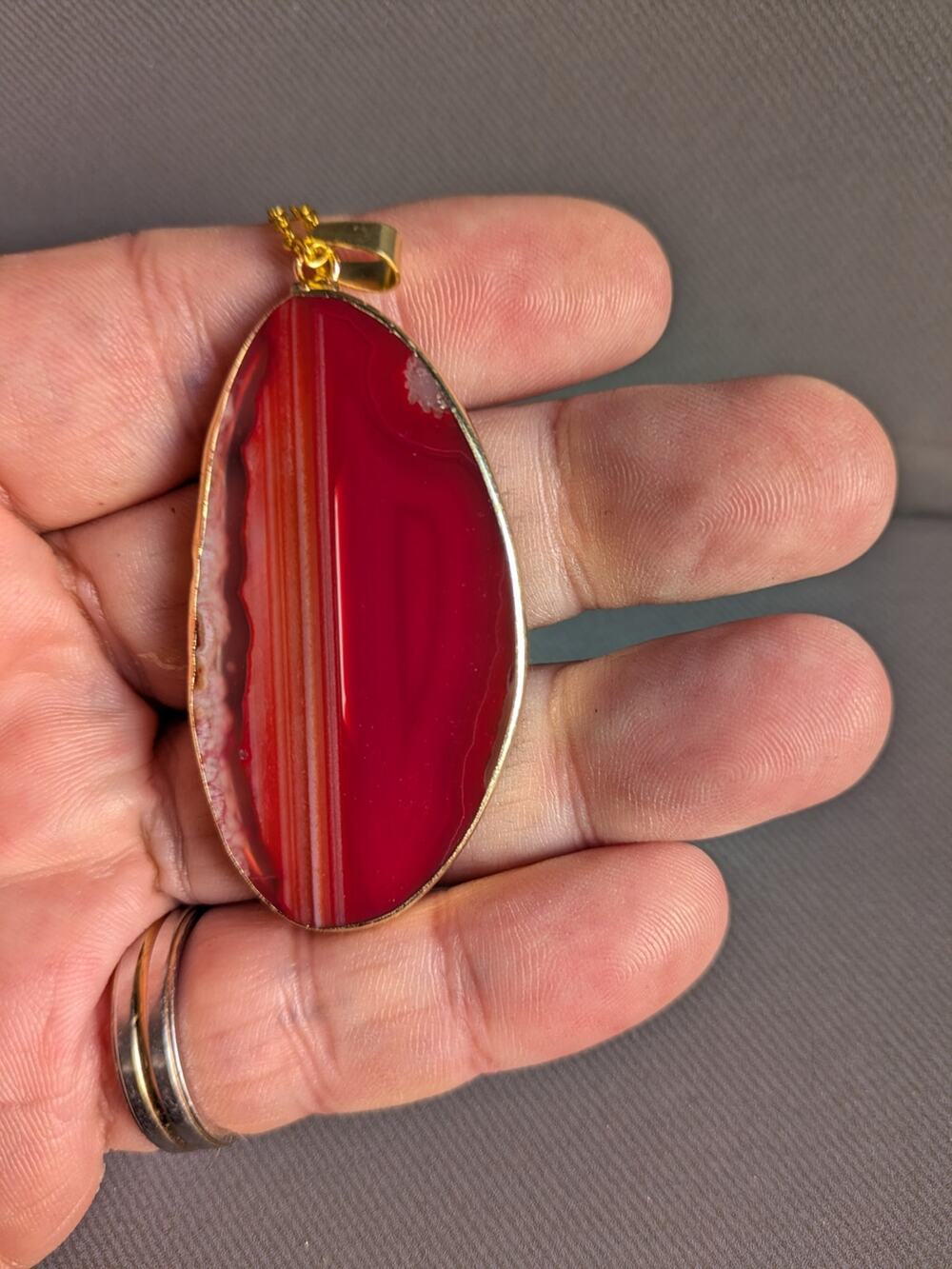 Gold-Trim Red Agate Oval Pendant Necklace